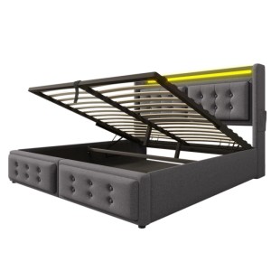 okwish Polsterbett 140x200cm mit LED Kopfteil USB Ladefunktion Jugendzimmer Grau mit Matratze