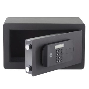 Offener, schwarzer Yale Tresor High Security Safe mit digitalem Tastenfeld.