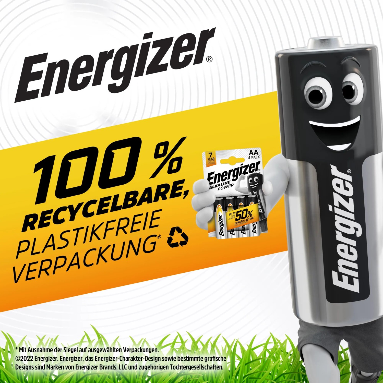 Energizer Alkaline Power 9V Batterie mit Maskottchen und recycelbarer Verpackung.