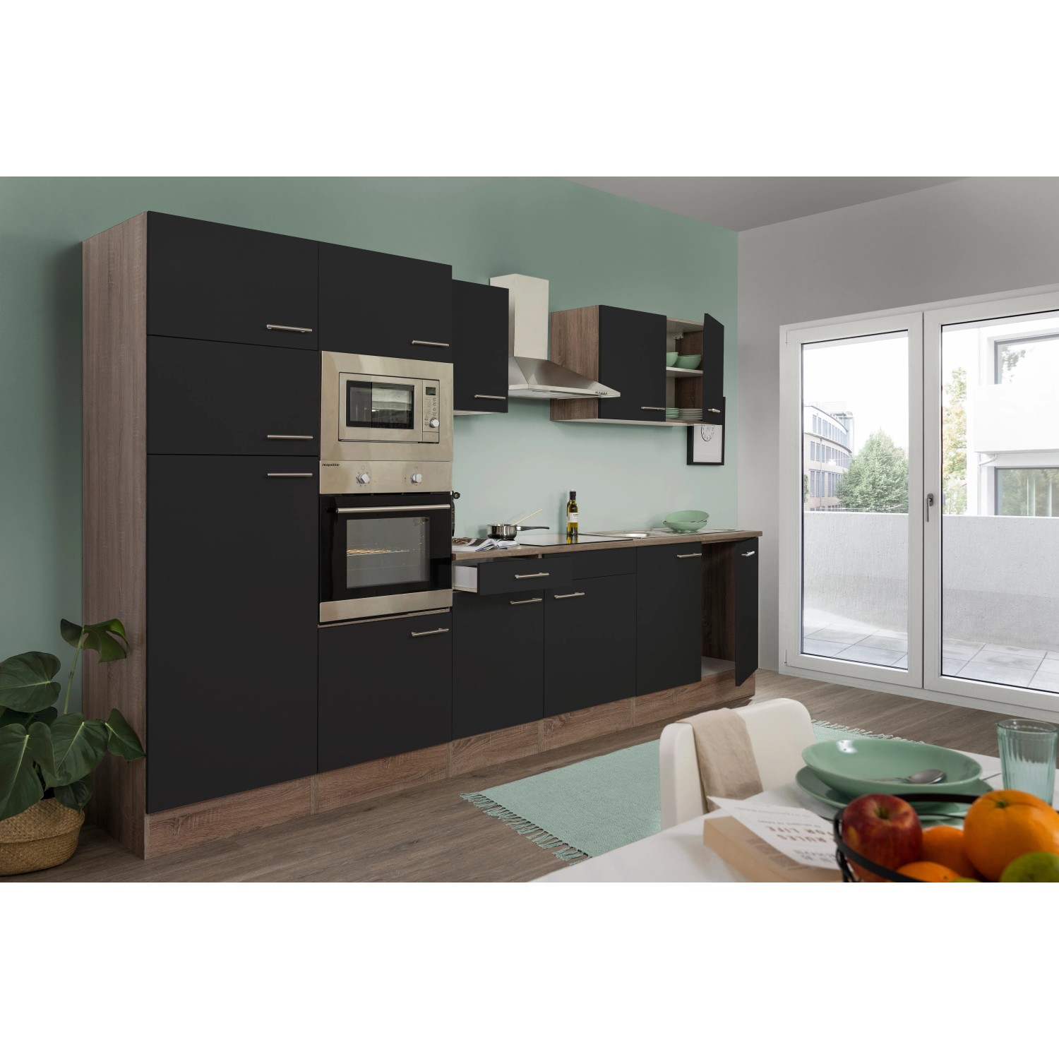 Respekta Küchenzeile KB330EYSMIGKE, 330 cm, Schwarz und Eiche York Nachbildung mit E-Geräten.