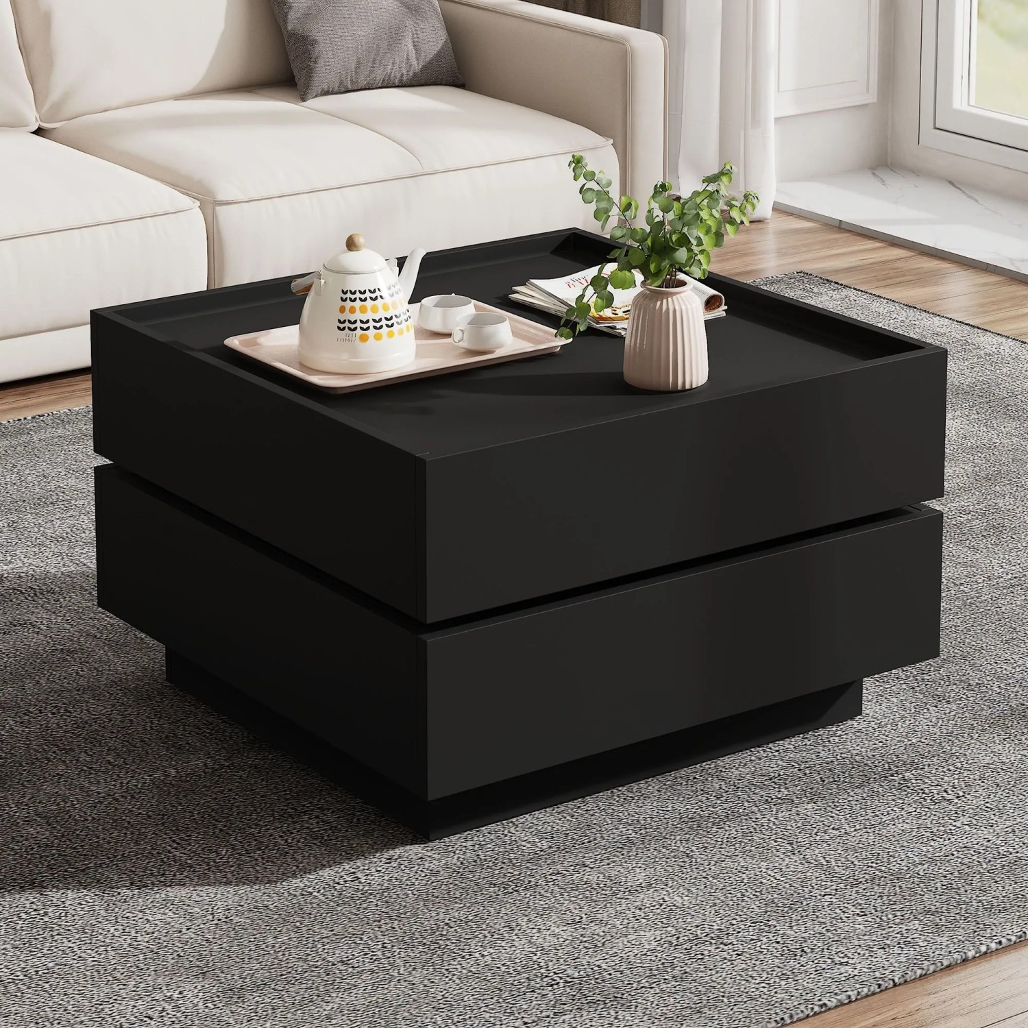 okwish Couchtisch mit Drehfunktion Stauraum Wohnzimmer 60x60x38cm Schwarz_3
