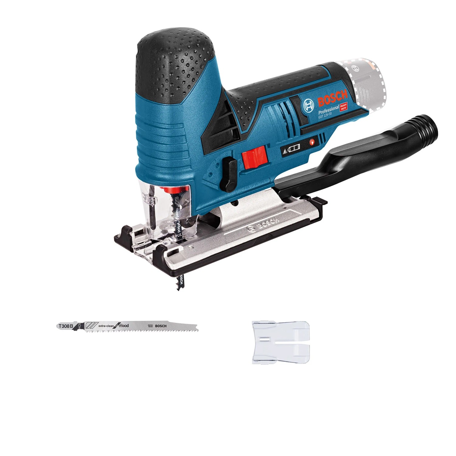 Bosch Professional Akku-Stichsäge GST 12 V-70 in Blau/Schwarz mit Sägeblatt und Spanreißschutz für präzise Schnitte.