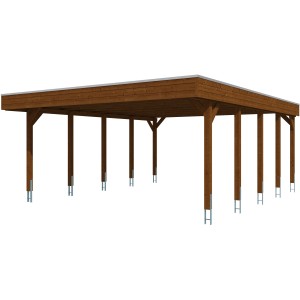 Skan Holz Doppelcarport Friesland in Nussbaum, 557x708 cm, mit Aluminiumdachplatten.