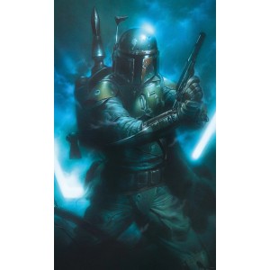 Komar Star Wars Fototapete mit Boba Fett, dem Kopfgeldjäger, in Aktion.