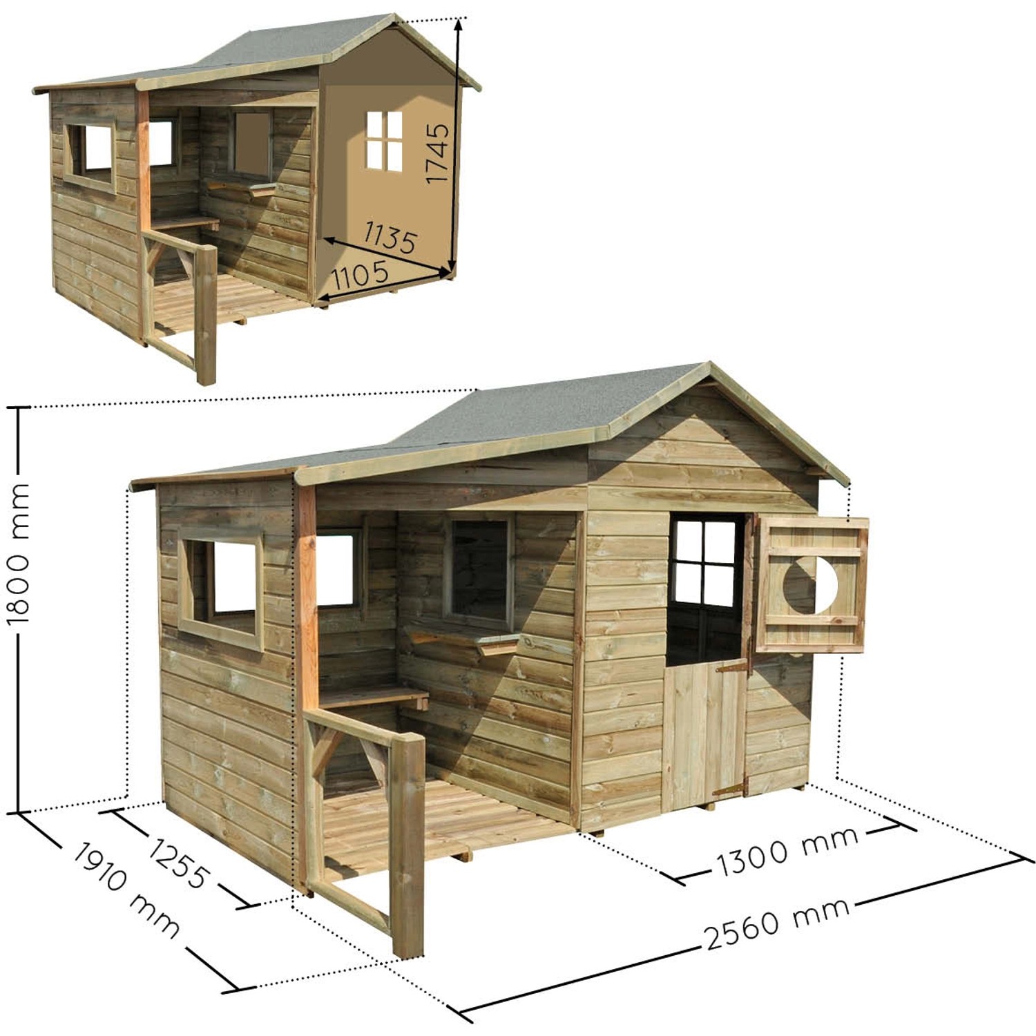 Soulet Kinderspielhaus Hacienda mit Anbau und Maßen. Holz, grün imprägniert, mit Dach.