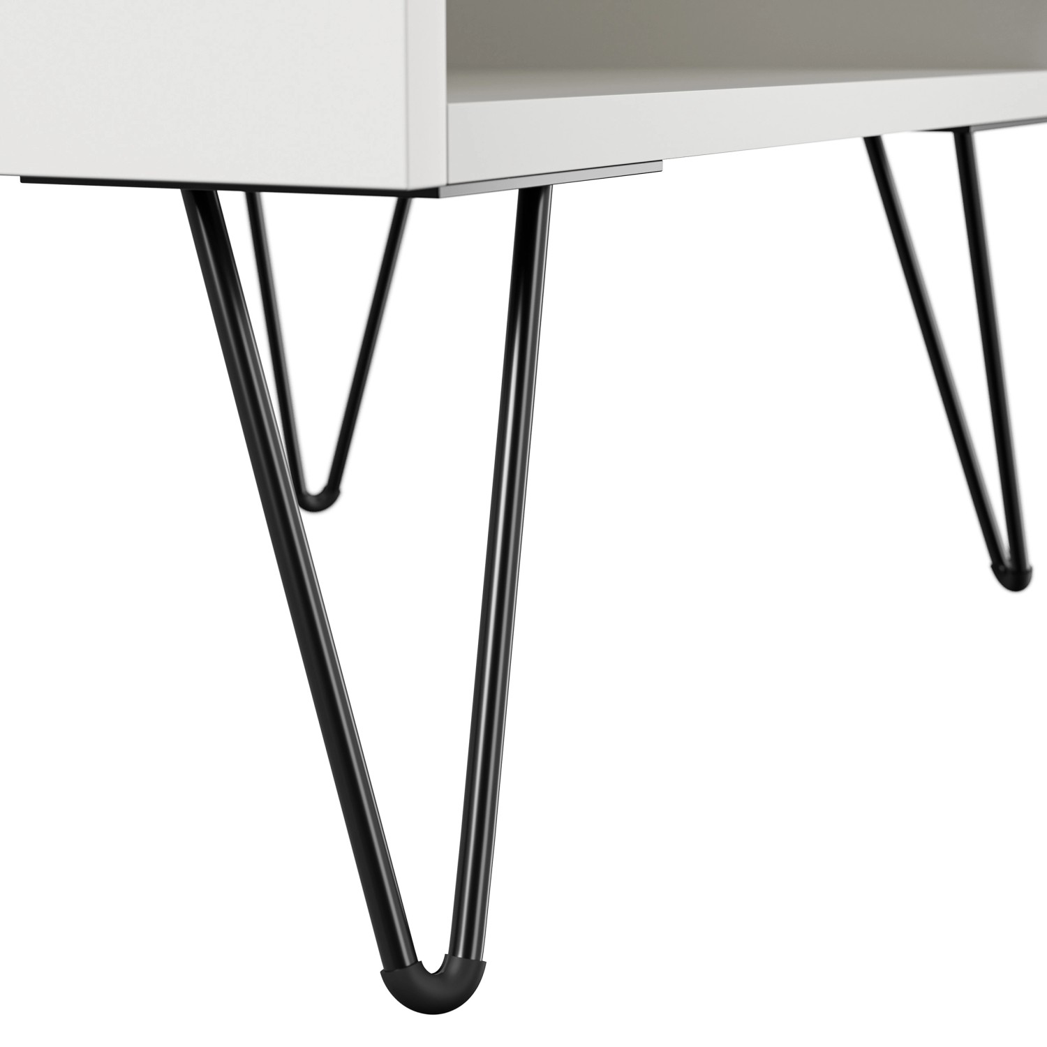 Detailansicht: Weißer Nachttisch mit Eiche-Front und schwarzen Metallfüßen im Industrial Design.