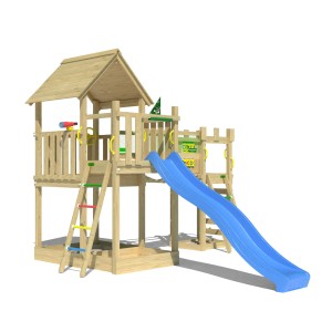 Jungle Gym Spielturm Lookout mit blauer Rutsche, Wackelbrücke und Kletterrampe aus Holz.