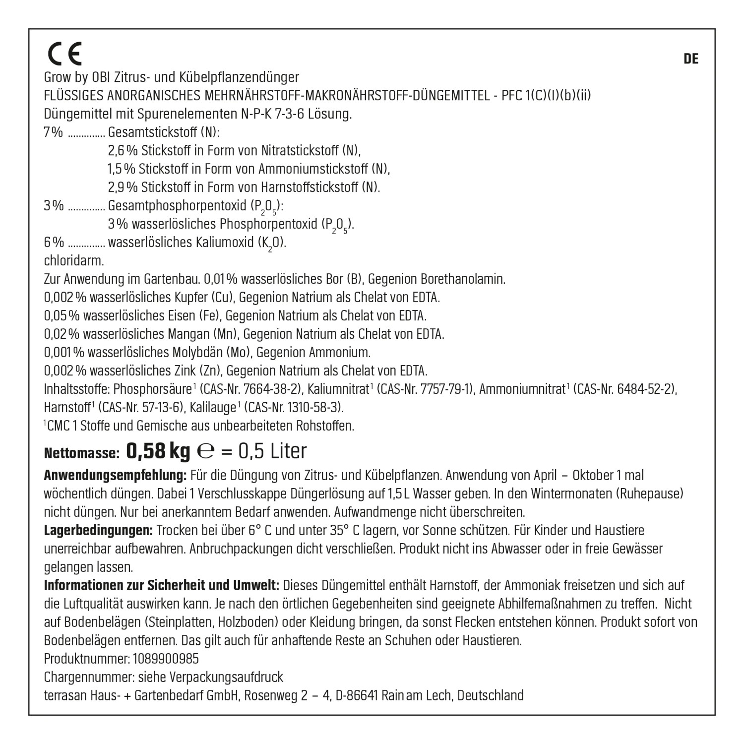 Etikett des GROW by OBI Zitrus- und Kübelpflanzen-Düngers, 500ml.