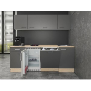 Flex-Well Büroküche Morena 210cm, basaltgrau/San Remo Eiche, mit E-Geräten und Spüle.