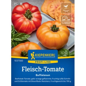 Kiepenkerl Saatgut: Gelb-orange geflammte Fleisch-Tomate Buffalosun F1, resistent und ertragreich.