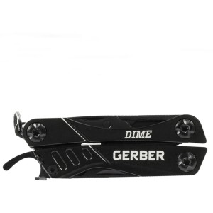 Schwarzes Gerber Multi-Tool Dime mit 12 Werkzeugen, geschlossen.