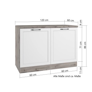 Held Küchen Spülenschrank Kempten, 120 cm, Weiß/Wotan Dekor mit zwei Türen.