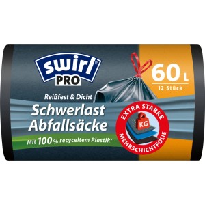 Swirl Profi Schwerlast-Abfallsäcke 60L, 12 Stück. Reißfest, tropfsicher, mit Zugband und extra starker Mehrschichtfolie.