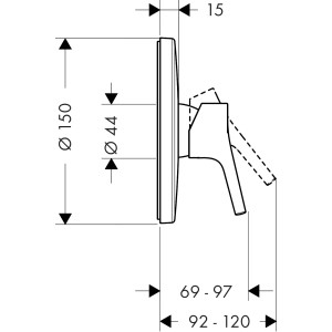 Technische Zeichnung Hansgrohe Talis S Unterputz Brausearmatur in Chrom mit Maßangaben.