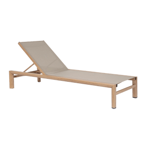 Beige Bizzotto Sonnenliege Skipper mit Rädern, verstellbare Rückenlehne, ideal zum Entspannen.