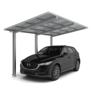 Ximax Alu Einzelcarport Linea in Edelstahl-Optik mit transparentem Dach und schwarzem Auto darunter.