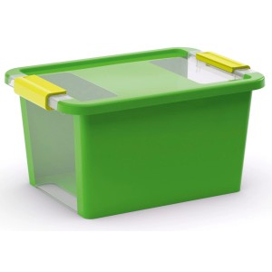 Grüne Allzweckbox Bi Box S, 11 Liter, mit transparentem Sichtfenster und gelben Verschlüssen.
