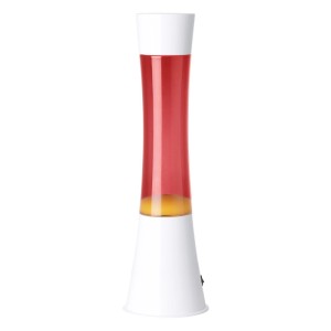 Moderne Eglo LED-Lavatischleuchte in Weiß mit bordeauxroter Flüssigkeit und orangefarbenem Wachs am Boden.