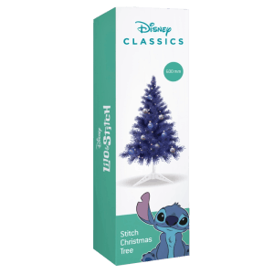 Verpackung des Disney Stitch Tisch-Christbaum-Sets, 60 cm, blau-weiß, mit Baum, Deko-Kugeln und LED-Lichterkette.