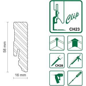 Profilzeichnung FN Neuhofer Sockelleiste L0153L, Kiefer weiß lackiert, mit Clip-System Icons.