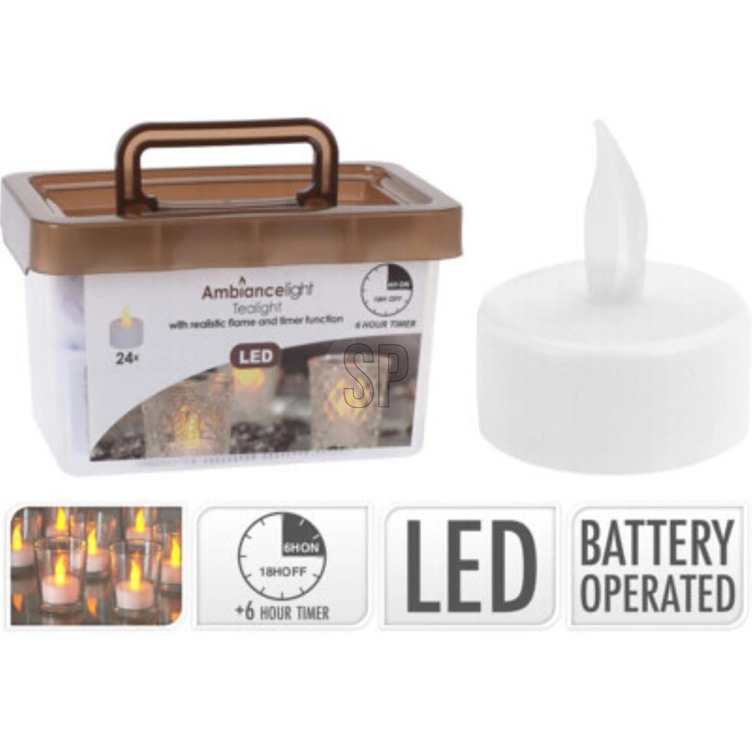 24er Set LED-Teelichter mit Timer im Eimer, warmweiß flackernd.