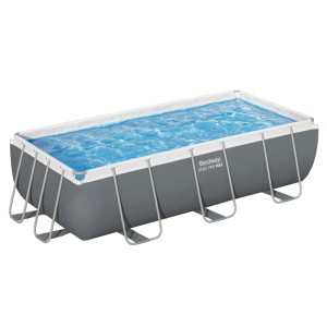 Bestway Steel Pro Max Frame Stahlrahmen-Pool, rechteckig, grau, mit blauem Wasser. Stabile Stahlkonstruktion.