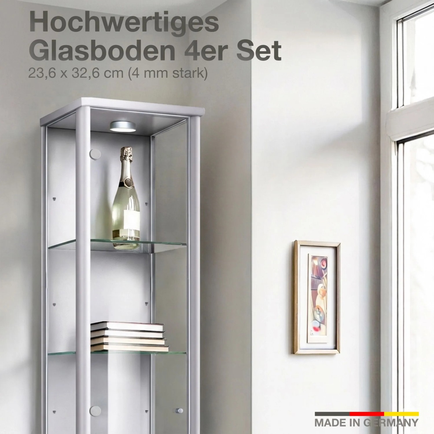 K-Möbel Glasboden-Erweiterungsset, 4 ESG-Glasböden für 1-türige Vitrine.