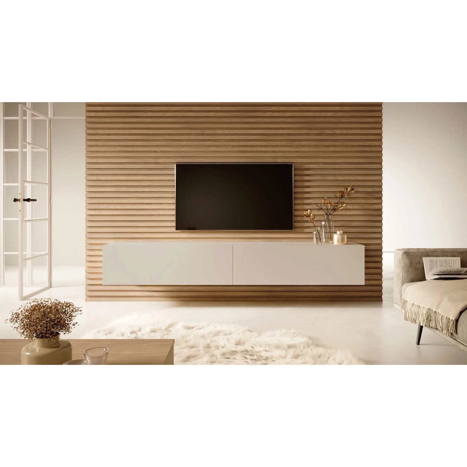 Modernes Selsey TV-Hängeboard Bisira 200 cm in Kaschmirgrau, grifflos, unter TV an Holzwand im Wohnzimmer.