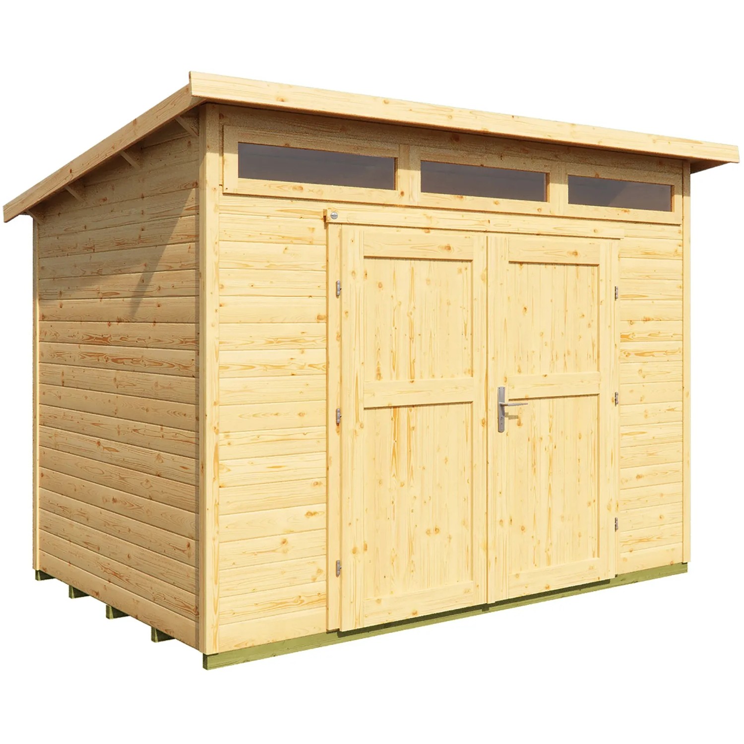 Unbehandeltes Weka Holz-Gartenhaus 264 mit Pultdach und Doppeltür. Ideal zur Aufbewahrung im Garten.