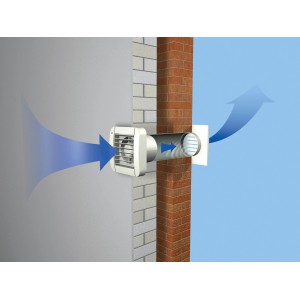 Weißer Badventilator Ø 150 mm mit Jalousie und Nachlaufzeit, montiert an Wand.