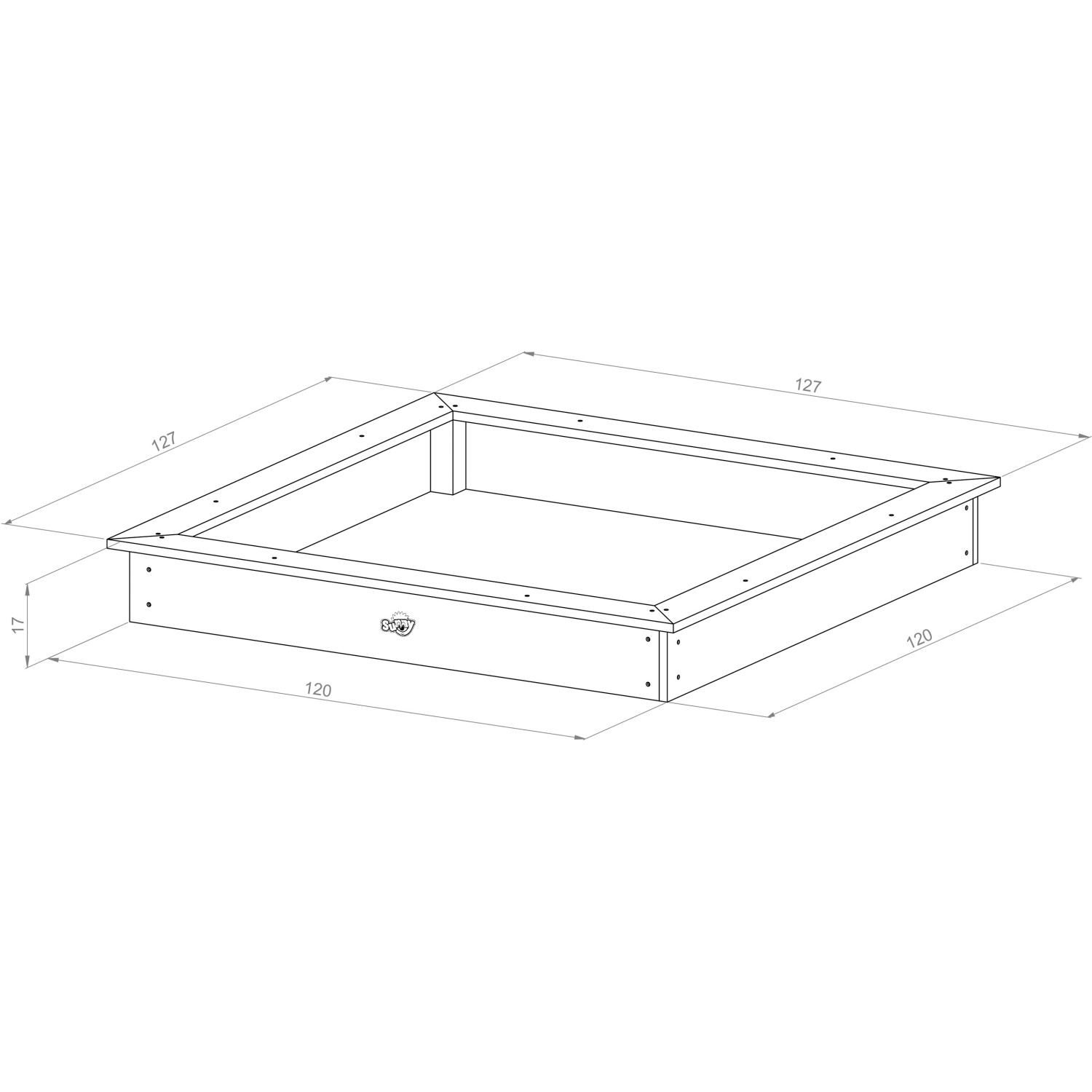 Quadratischer Sunny Sandy Sandkasten mit Rennbahn-Design, Abmessungen 127x127x17 cm.
