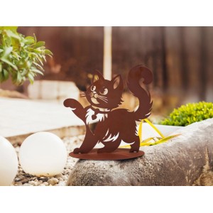 Dekorative Metall-Katze Bella in Edelrost-Optik auf Platte, 35x35 cm, für die Gartendekoration.