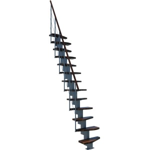 Minka Raumspartreppe Quatro in Walnuss/Grau, moderne Innentreppe mit Holzstufen und Metallgeländer.