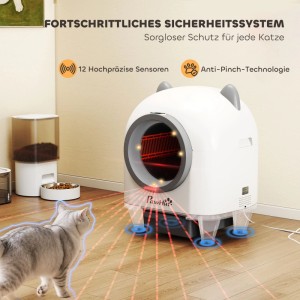 Weißes PawHut automatisches Katzenklo aus Kunststoff mit grauen Akzenten. Rote Laserlinien visualisieren die Sicherheitssensoren. Katze daneben.