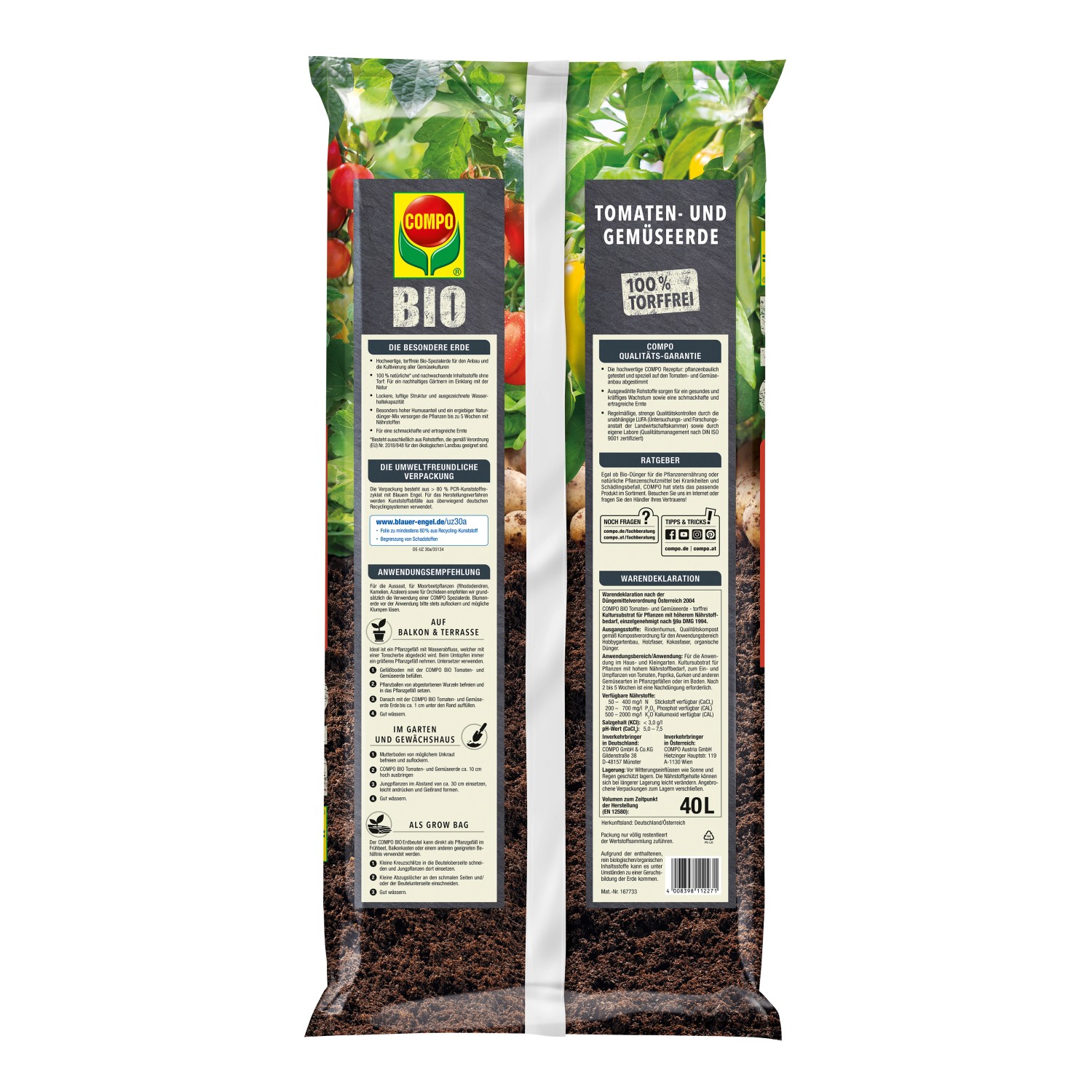 Sack Compo Bio Tomaten- und Gemüseerde, torffrei, 40 l. Geeignet für Beet, Gewächshaus, Balkon und Terrasse.