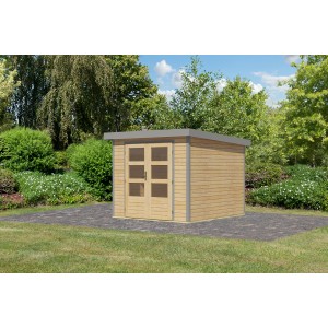 Karibu Gartenhaus Diego 3,5 A: Holzhaus mit graualuminiumfarbenem Dach und Doppeltür mit Fenstern.