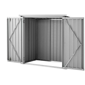 Offener, anthrazitfarbener Home Deluxe Geräteschuppen Bohio XXS aus Metall.