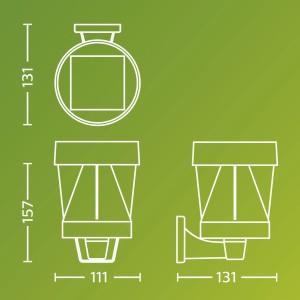 Technische Zeichnung der schwarzen Philips Avery Solar Wandleuchte mit Maßen.
