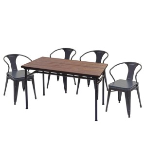 Essgruppe: 5-teiliges Esszimmer-Set mit Tisch aus Ulmenholz und 4 grauen Stühlen mit Armlehne.