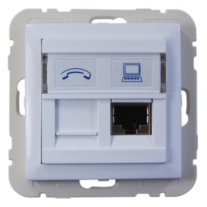 Weiße Logus Telefonsteckdose mit 2xRJ45 CAT6 Anschlüssen und Beschriftungsfeld.
