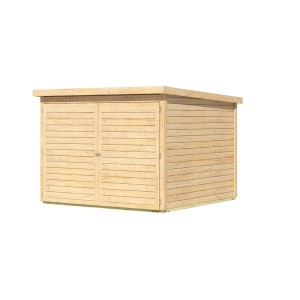 Naturbelassene Karibu Fahrradgarage aus Holz mit Doppeltür. Ideal zur Aufbewahrung von Fahrrädern.