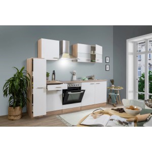Respekta Küchenzeile KB240ESWC, 240 cm, Weiß-Eiche Glänzend, mit Elektrogeräten und viel Stauraum.