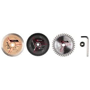 Einhell Mini-Kreissäge Set, 5-teilig, mit Sägeblättern für Holz, Kunststoff und Fliesen, inklusive Werkzeug.
