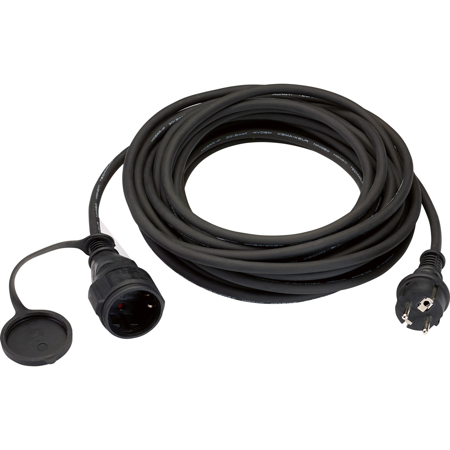 Schwarzes 10 m Verlängerungskabel H05RR-F 3G1,5 mit Schutzkontaktstecker und Verschlusskappe.
