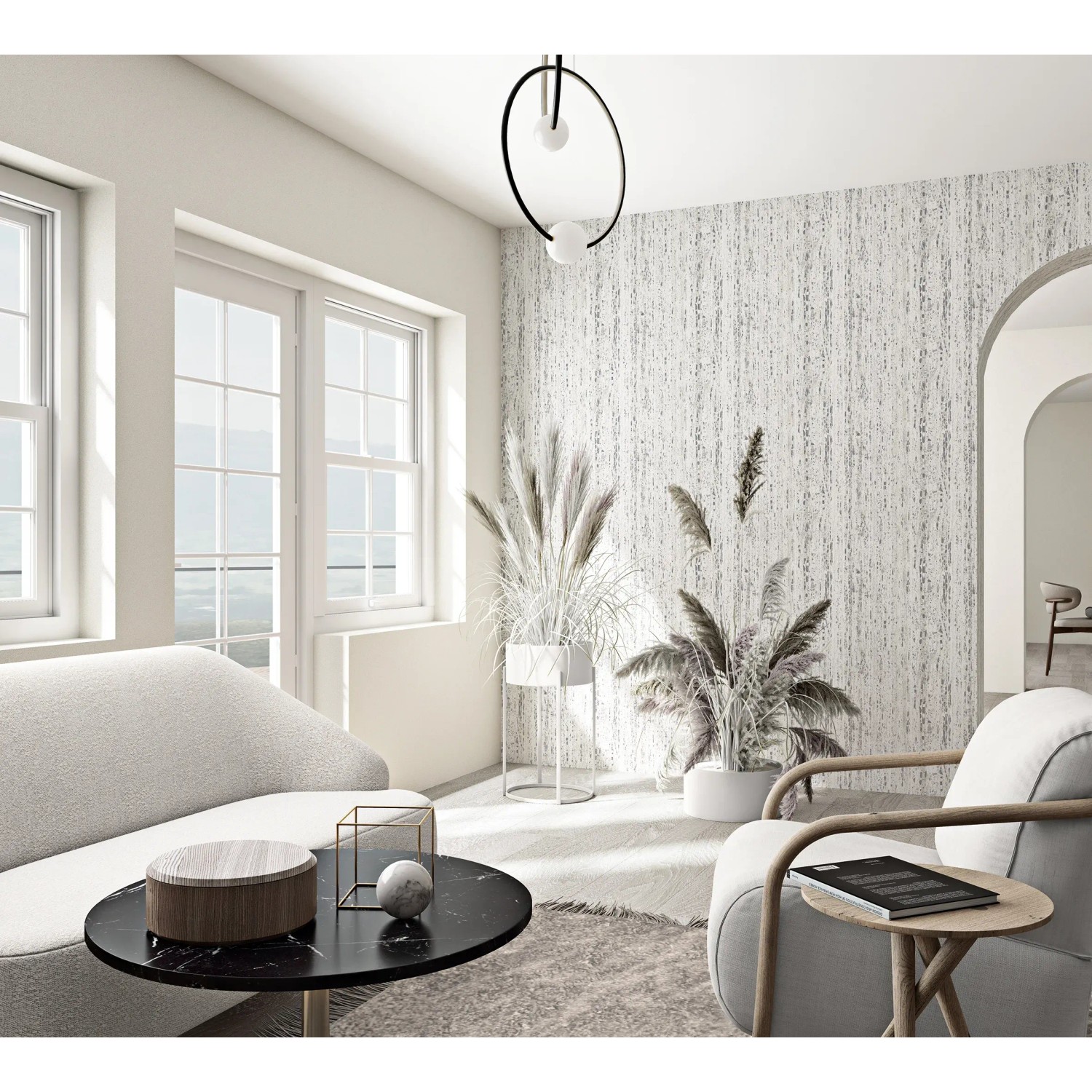 Wohnraum mit weißer Marburg Vliestapete in Travertin-Optik und Struktur.