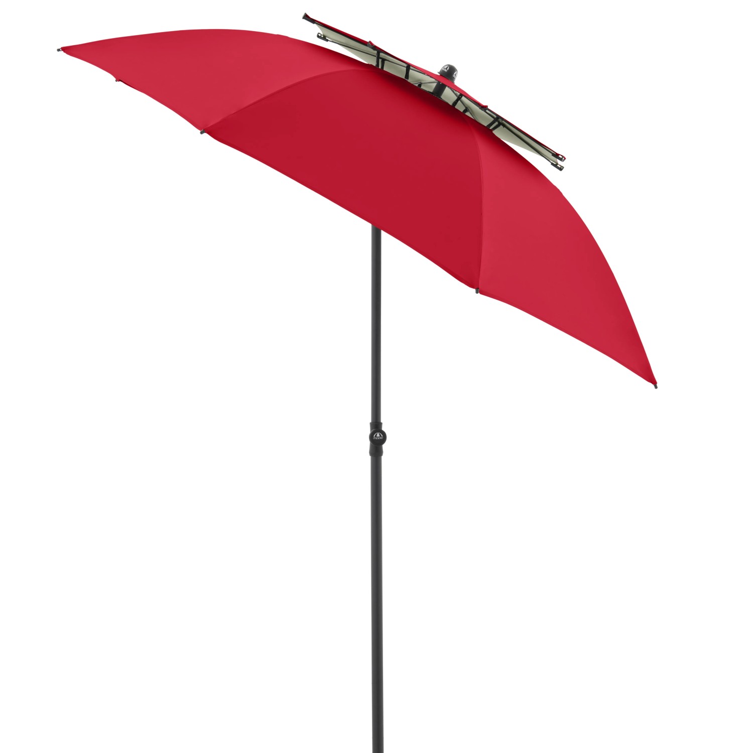 Roter Doppler Strandschirm Windprofi Neo 200 mit Windventil und Fiberglas-Streben.