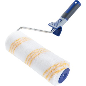 LUX TOOLS Farbroller Rau 26 cm für strukturierte Wände, weiße Rolle mit gelben Streifen und blauem Griff.