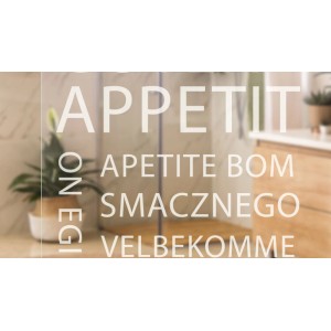 Novadoors Glasdrehtür Nova mit "Guten Appetit" Lasergravur. Klarglas ESG 8mm für Küche, 82,1x201,3cm.