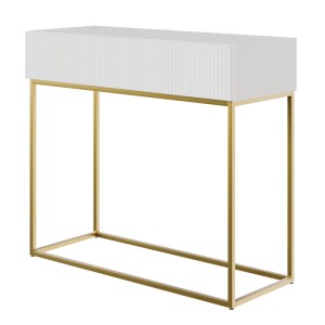 Selsey Veldio Konsolentisch weiß, 90 cm, mit geriffelter Front, Schublade und goldenem Metallgestell.