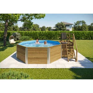 Weka Holzpool 593 B Sparset mit Holztreppe und zwei Kindern im Pool.